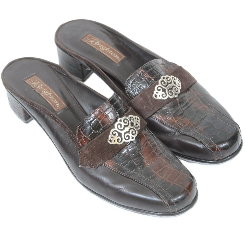 Vintage 90s Brighton 'AVERY' Brown Croc Embossed Velvet Loafer Mules 9.5M Preppy